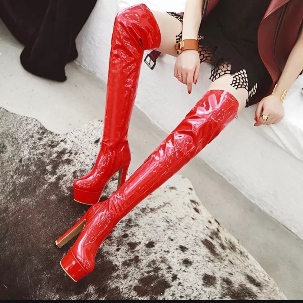 Thigh high faux leather boots in bright red size 8.5
